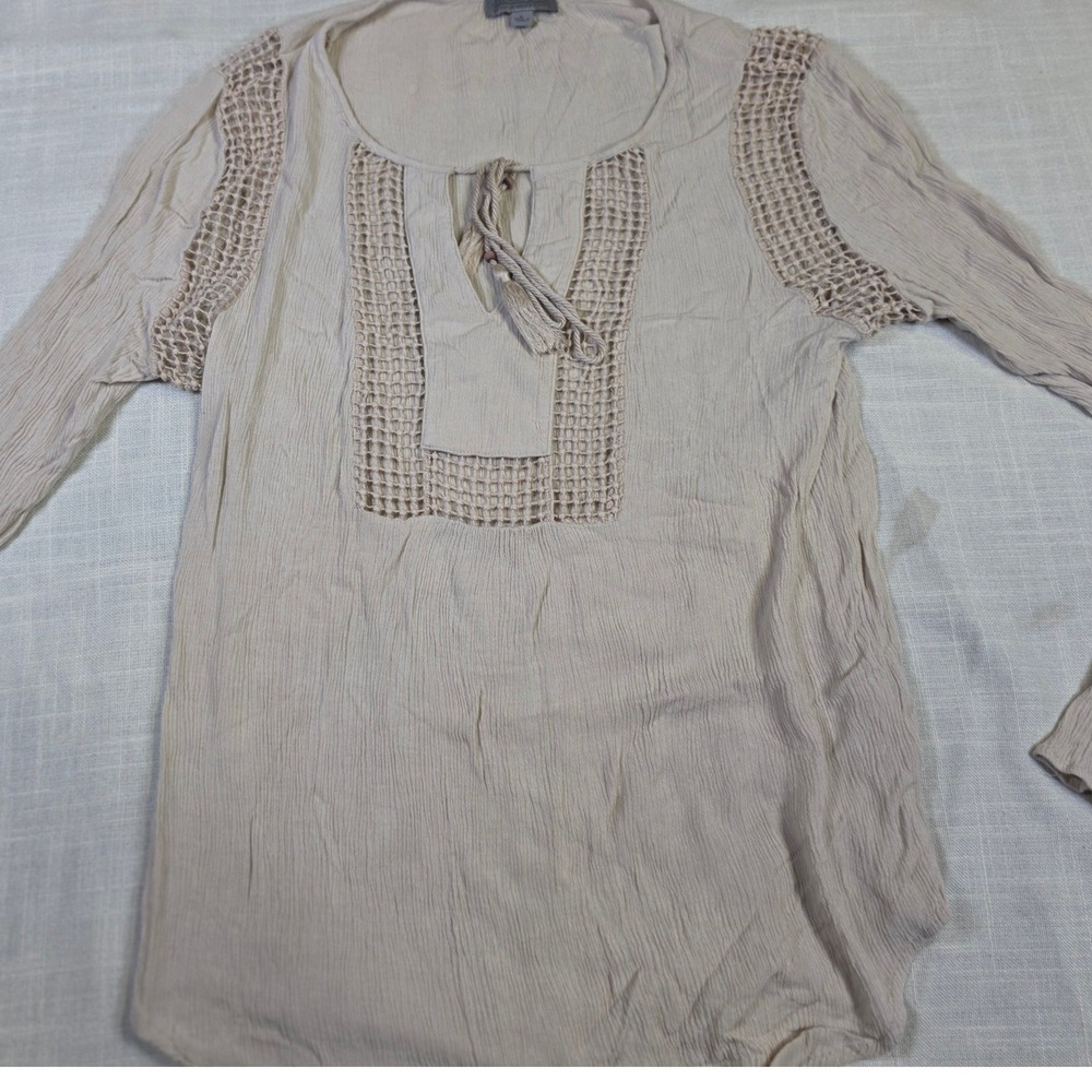 Joseph A Beige Crochet Lattice Peasant Blouse Tassel Tie Long Sleeve Top Large
